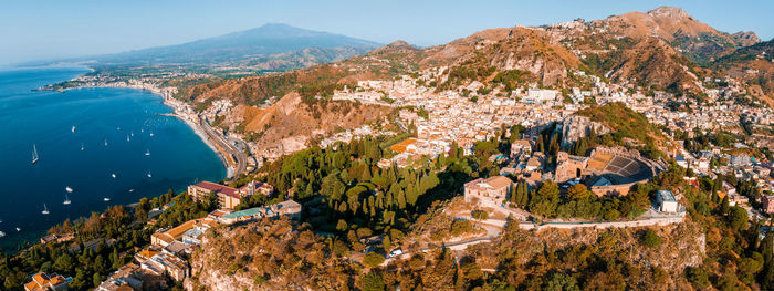 Panoramic aerial view of isola bella island and beach in taormina.