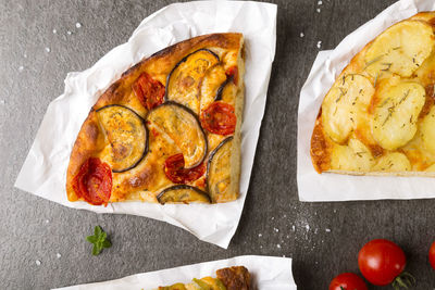 High angle view of pizza on table