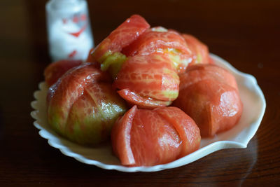 Close-up of strawberries in plate on table