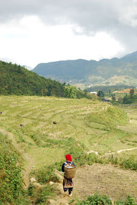 Rear view of woman carrying basket while standing on field against sky