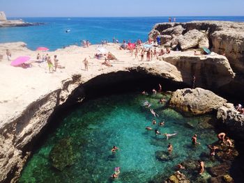 High angle view of man swimming in sea