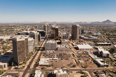 High angle view of cityscape against clear sky