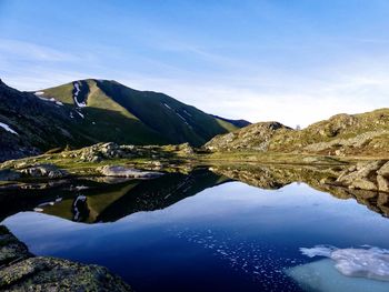 Scenic view of lake and mountains against blue sky