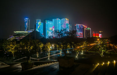 Illuminated modern buildings at night