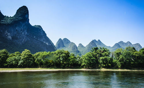 Scenic view of lake and mountains against clear sky