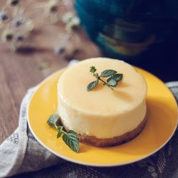 High angle view of cake in plate on table