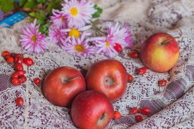 High angle view of apples in container