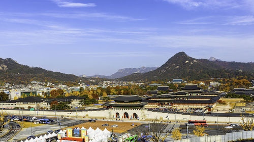 High angle view of townscape against sky