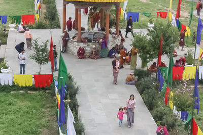 High angle view of people at flower shop