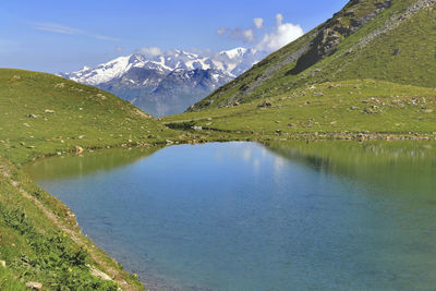 Beautiful lake in alpine mountain lake with snowy peak mountain background