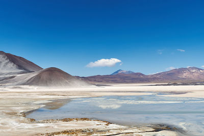 Scenic view of mountains against blue sky