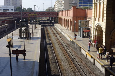 Railroad station platform in city