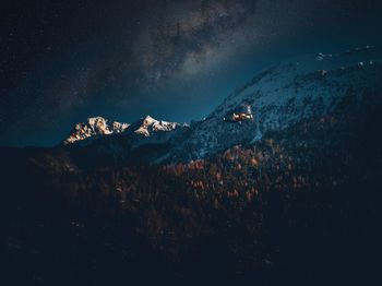 Scenic view of mountain against sky at night