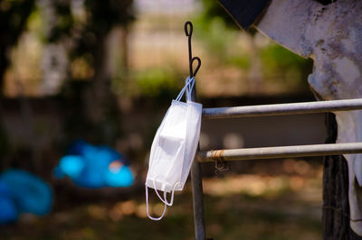 Close-up of clothespins on rope