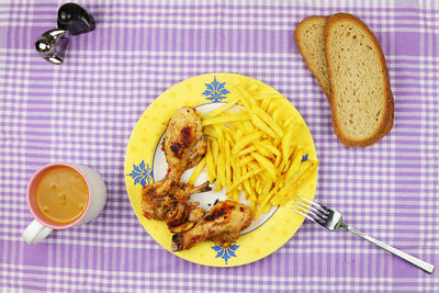 High angle view of breakfast served on table