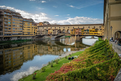 Arch bridge over river amidst buildings against sky