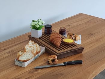 High angle view of breakfast on table