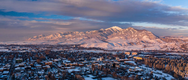 Drone view of the rockies next to the town of bozeman, montana in the middle of winter.