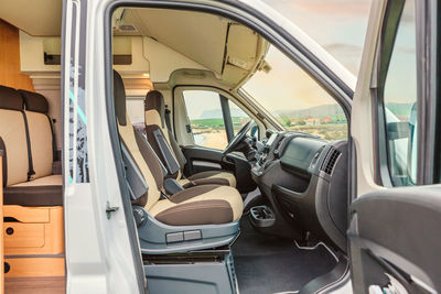 Interior of the front of a camper van