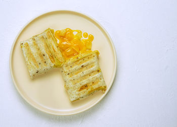 High angle view of breakfast served on table