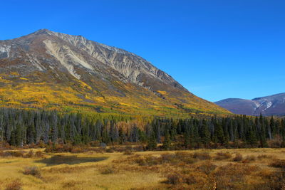 Scenic view of mountains against clear blue sky