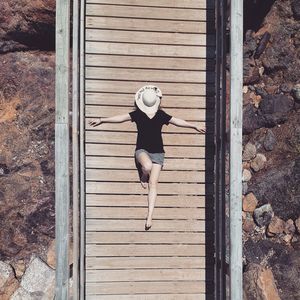 High angle view of woman wearing hat