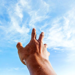 Low angle view of man hand against sky