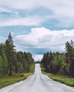 Empty road amidst trees against sky