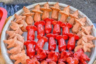 High angle view of chopped fruits in market