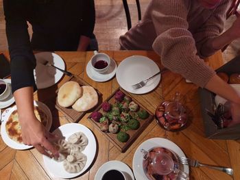 High angle view of people having food