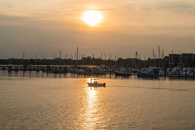 Sailboats in marina at sunset