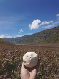 Cropped hand of person holding food against mountains and sky