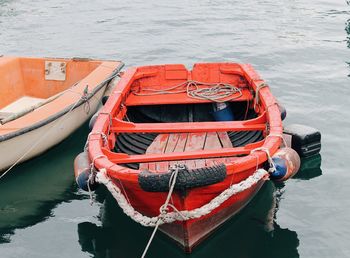 High angle view of boat moored in lake