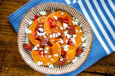 High angle view of dessert in plate on table