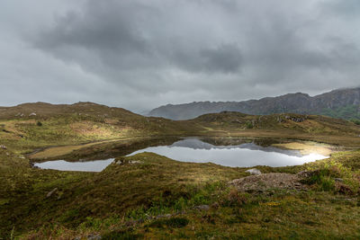 Scenic view of lake and mountains against sky