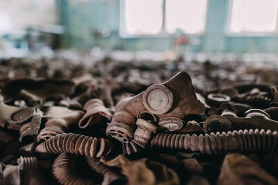 Close-up of rusty metal gas mask