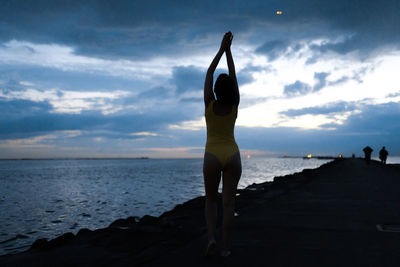 Rear view of man standing at beach against sky