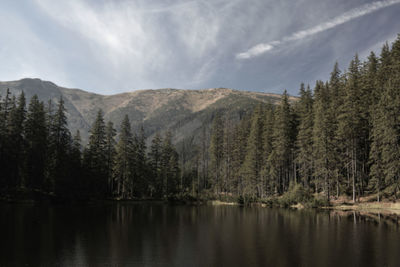 Scenic view of lake by mountains against sky