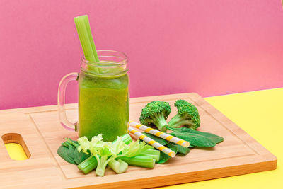 Close-up of drink in glass jar on table