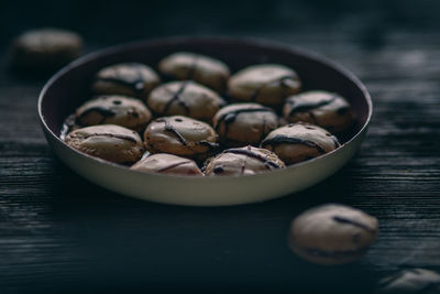 Close-up of eggs in bowl on table