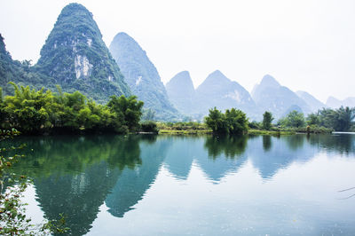 Scenic view of lake and mountains against clear sky