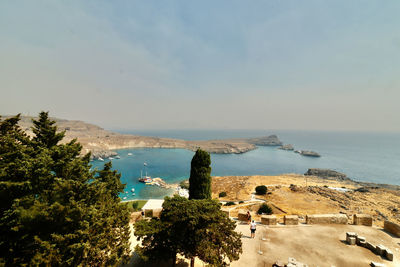 High angle view of bay against sky