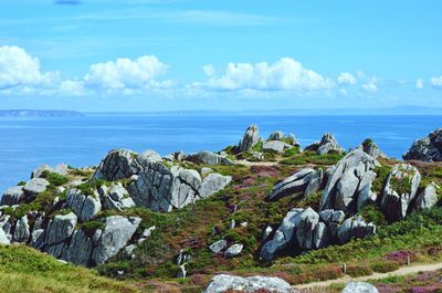 Scenic view of rocks on beach against sky