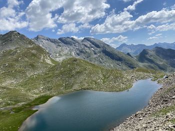 Scenic view of lake and mountains against sky