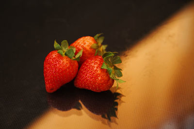 High angle view of strawberries on table against black background