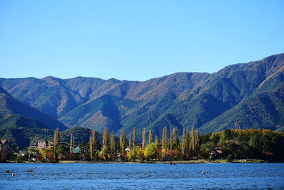 Scenic view of mountains against clear blue sky