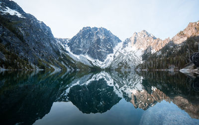 Scenic view of lake and snowcapped mountains against sky