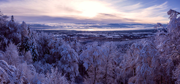 Scenic view of snowcapped mountains against sky during sunset