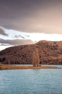 Beautiful view of lake tekapo in the morning. photo taken at winter season with southern alps.