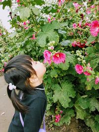 Cute girl kissing flower on plant outdoors